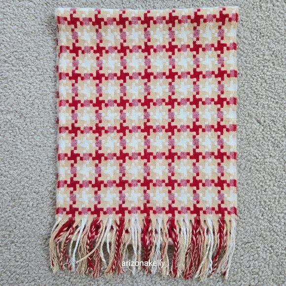 Woven Cashmere Houndstooth Scarf Red Tan White Pink - Picture 1 of 16